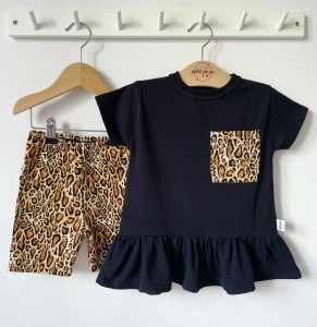Zestaw bluzeczka z baskinką (kieszeń) + getry - panterka 2 / granat