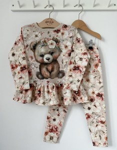 Zestaw bluzeczka z baskinką (panel)  + getry - Pudrowy miś