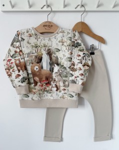 Zestaw dresowy spodnie beż+ bluza z panelem - Jesienny gaj