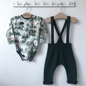 Zestaw dziecięcy - spodenki z szelkami + body zwierzęta we mgle